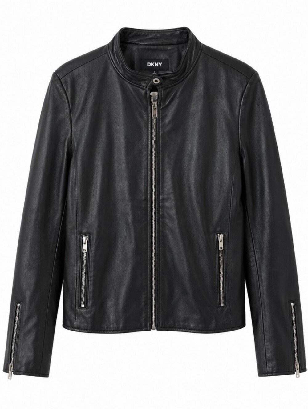 DKNY Black Leather Cafe Racer Jacket with Zip Details